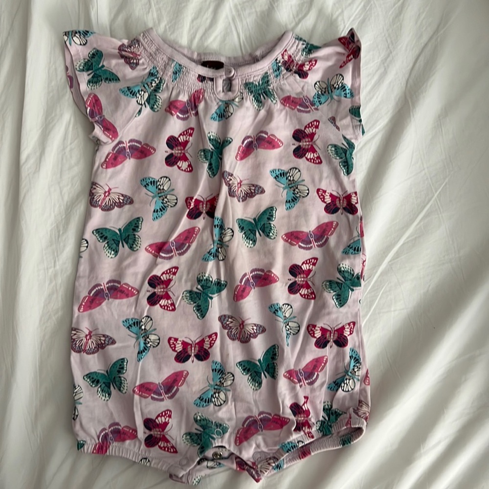 Tea collection butterfly bubble romper onesie 18-24 months pink green